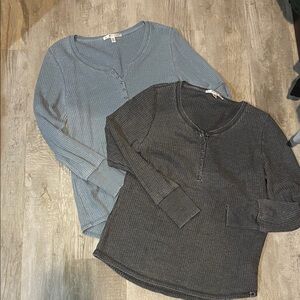 Seven7 Women's Long Sleeve Henley Tops - Blue and Gray